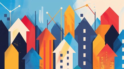 Abstract Cityscape with Upward Arrows: Growth and Progress