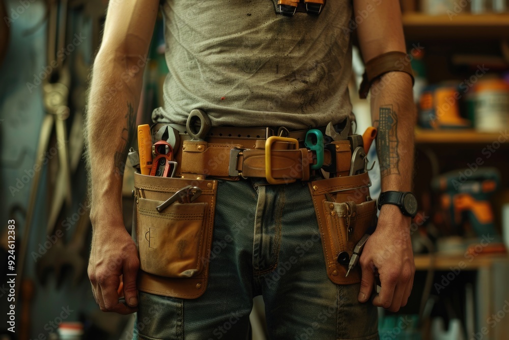 Poster a person holding a tool belt and scissors, possibly for diy projects or crafting