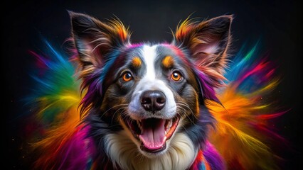 Naklejka premium Vibrant colors explode in a Border Collie's fur, creating a stunning contrast against a dark background, capturing the dynamic energy of a playful, artistic moment.