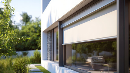 visual depicting external roller blinds installed on modern windows. The image focuses on the blinds from the outside, showcasing their design and functionality. 