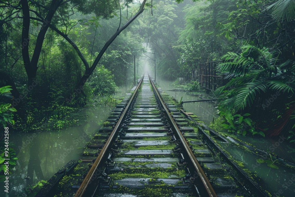 Poster A train track running through a dense forest, surrounded by trees and foliage