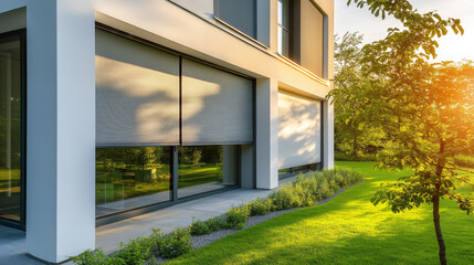 visual featuring roller blinds installed on a panoramic window of a modern house. The external shutters are shown providing sun protection and privacy for the exterior of the home.