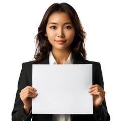 Fototapeta premium Confident Young Woman Holding Blank Sign in a Professional Setting for Impact