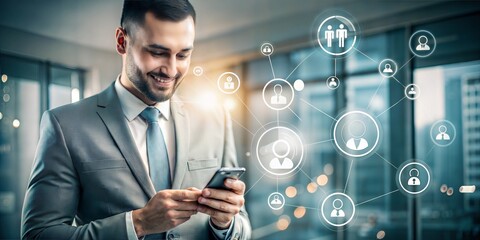 Businessman using a mobile smartphone with network connection icons and growth graphs for customer engagement, digital marketing, online banking and payment, and business analysis and planning.
 