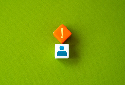 Man with exclamation mark above his head. Concept of mindfulness. Stress and worries. Anxiety. Increased attention.