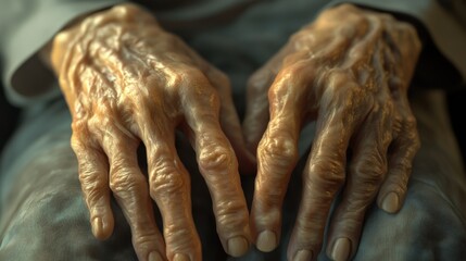 Fototapeta premium The hands show deep wrinkles and discoloration, illustrating significant aging and a skin condition in a peaceful indoor setting, rheumatoid arthritis, joint and bone diseases, autoimmune diseases