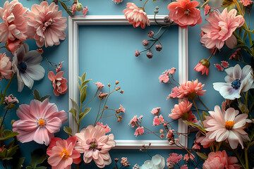flowers with a white frame on a green background, in the style of light sky-blue and light pink, vintage minimalism, aerial view, bright backgrounds, uhd image, symmetrical arrangement --ar 3:2 --styl