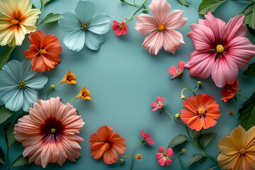 flowers with a white frame on a green background, in the style of light sky-blue and light pink, vintage minimalism, aerial view, bright backgrounds, uhd image, symmetrical arrangement --ar 3:2 --styl