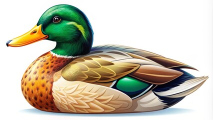 Obraz premium Vibrant illustration of a majestic mallard duck with vibrant green head, yellow bill, and brown body, set against a white background with bold outline.