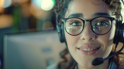 Female headshot and call center for home office with smile, headphones, and crm mic. Customer service, tech support, and help desk/telemarketing agents