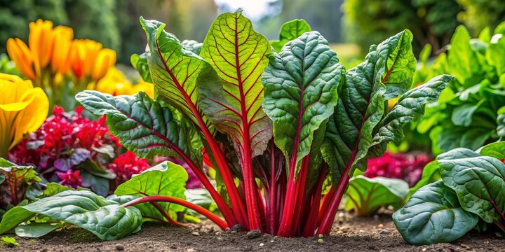 Vibrant large silverbeet leaves thrive in a lush community garden, surrounded by rich soil and vibrant flowers, symbolizing growth, nature, and community connection.