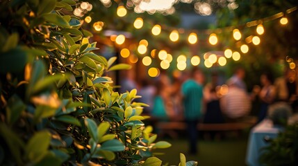 Green leaves on the left side with blurred party guests in a garden at night with string lights