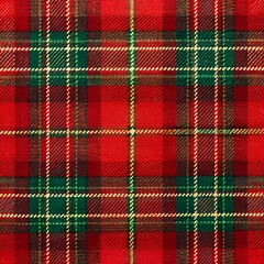 Festive red and green plaid fabric with subtle sheen, featuring classic Christmas tartan pattern with intricate woven design, perfect for holiday crafting projects. texture