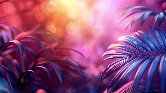 A video of palm trees swaying under a neon sunset with pink and purple hues. Perfect for tropical, exotic, or beach-themed designs. Ideal for summer, party, or paradise-themed projects.