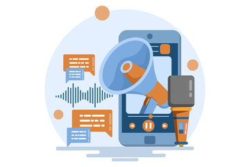 The audio marketing concept uses sound-based content, streaming podcasts, and other sound productions to promote brands. Audio advertising digital content strategy, flat vector illustration.