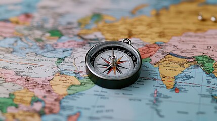 A chipped compass rests on a world map, guiding dreams of travel and adventure through time and...