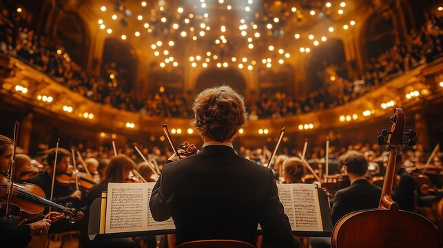 Classical Orchestra Performing in a Grand Concert Hall with Golden Lights, Emphasizing the Elegance and Grandeur of Live Symphonic Music.