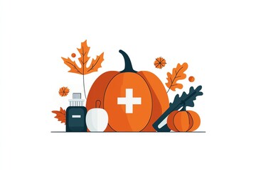 Illustration of pumpkins with medical cross symbol, autumn leaves, and medicine bottle. A blend of healthcare and autumn theme.
