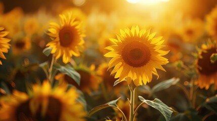 Obraz premium A sunflower field in a summer garden with bright yellow petals facing the sun.