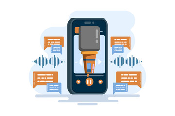 The audio marketing concept uses sound-based content, streaming podcasts, and other sound productions to promote brands. Audio advertising digital content strategy, flat vector illustration.