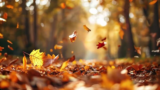 A video background showcasing autumn leaves in vibrant reds, yellows, and oranges, gently falling in a sunny, blurred Japanese forest. Perfect for seasonal themes and travel content.