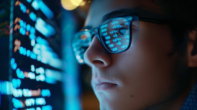 Nighttime data analytics, IT overlay, and html software, coding hologram, and man; Computer programmer in glasses examining website script, cybersecurity research - Powered by Adobe
