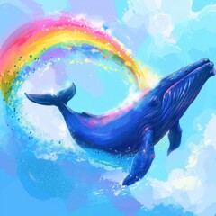 A blue whale spouting a rainbow, friendly clip-art portrayal, vibrant and cheerful light, blues and rainbow colors, joyful and friendly atmosphere, medium shot, slightly angled perspective