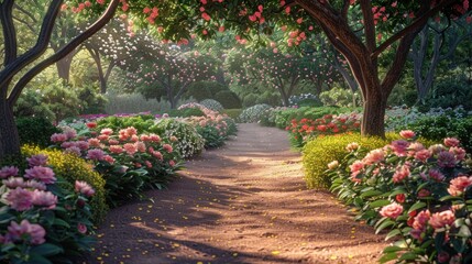 Obraz premium A winding garden path lined with blooming flowers, shaded by overhanging trees in a summer garden.