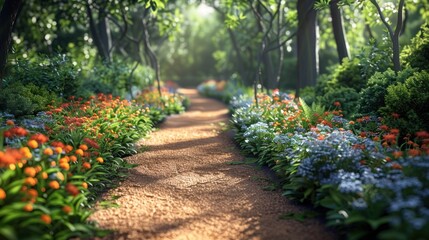A winding garden path lined with blooming flowers, shaded by overhanging trees in a summer garden.