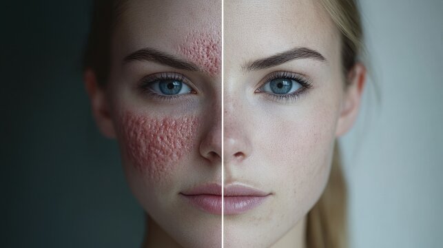 A split view shows a woman&rsquo;s face contrasting a skin condition with clear skin, highlighting the impact of treatment in soft natural light, photo of female face before and after acne treatment and acn