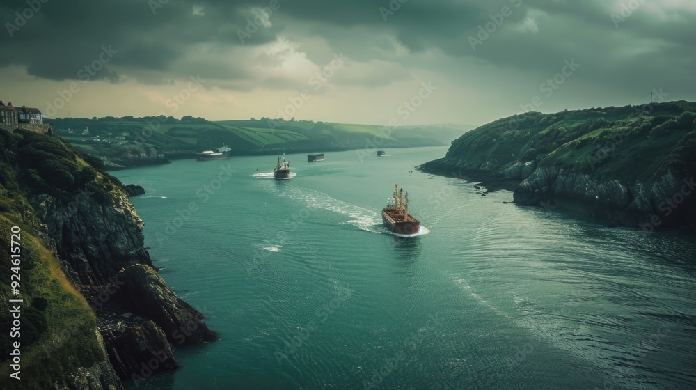 Poster a group of ships navigating through calm waters
