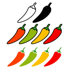 Logo salsa picante. Set con silueta de pimientos picantes de varios tipos y colores con línea exterior y relleno