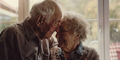 Face, forehead kiss, mature couple love, and romantic husband with wife, spouse, or partner in Argentina. Man, woman, or elderly marital bonding in care, home lounge, and relax