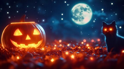 A spooky Halloween scene with a glowing pumpkin, a black cat, and a full moon illuminating the night sky.