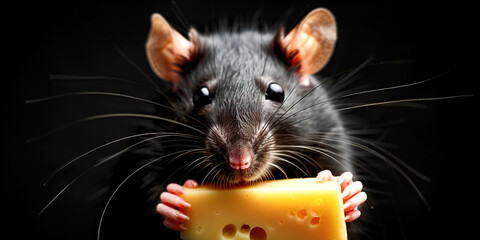 A black mouse with a piece of cheese