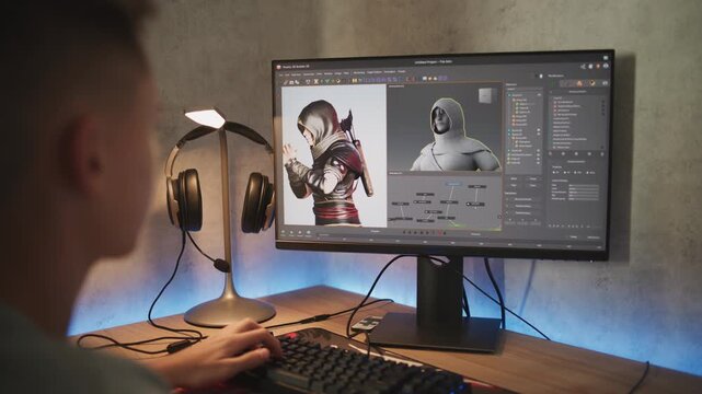 Young designer creates 3D model of game character using PC. Interface of professional 3D modeling software. Teenage boy working on freelance project on computer at home. Game development concept.