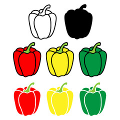 Logo salsa picante. Set con silueta de pimientos picantes de varios tipos y colores con línea exterior y relleno