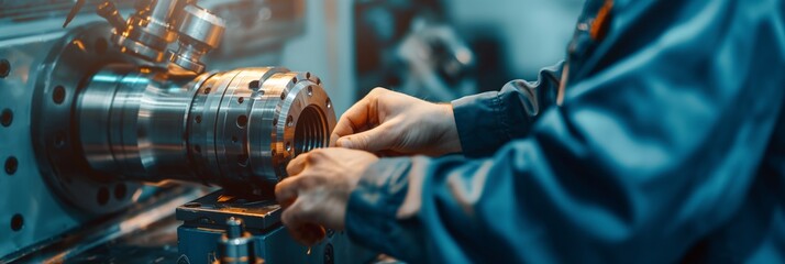An engineer is adjusting parts on a precision CNC machine tool in a workshop, showcasing technical skills and meticulous craftsmanship.