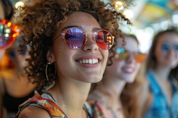 A woman with curly hair is smiling and wearing sunglasses. Scene is cheerful and fun, as the women are all smiling