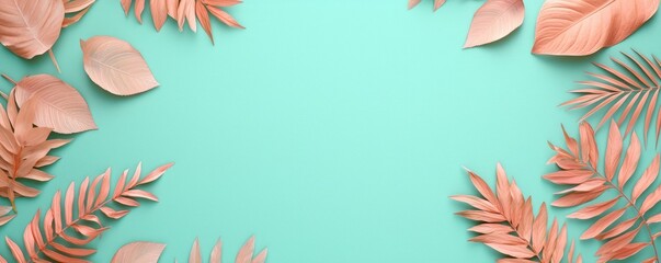 Obraz premium Serene Tropical Vibes - Pastel Peach Leaves on Teal Background with Copy Space | Minimalistic Nature Aesthetic, Generative Ai
