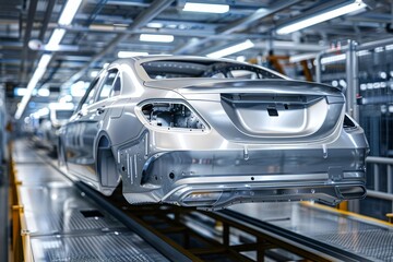 Modern automotive production line  quality check of car bodies before painting in high tech factory