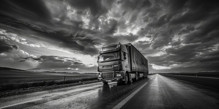 Fototapeta A black and white photograph of a semi-truck driving down a road