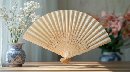 A stylish folding fan in a traditional Japanese setting, accented by flowers and jars with sunlit ambiance.