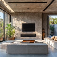 Fototapeta premium A living room with a large flat screen TV and a fireplace