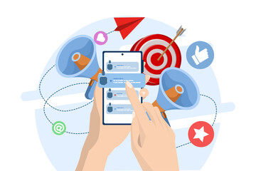 Concept of sending email to friends, email marketing, holding smartphone with contact list on screen, referring friends, flat illustration vector template for website banner, landing page.