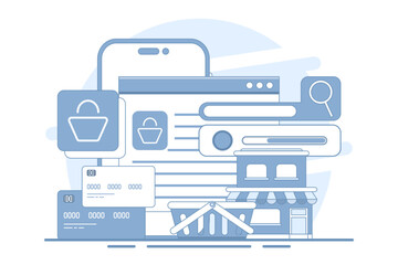 Concept of e-commerce, business marketing, online shopping, Online ordering, e-commerce website, Digital or Virtual market, buy from online shop. flat vector illustration on background.
