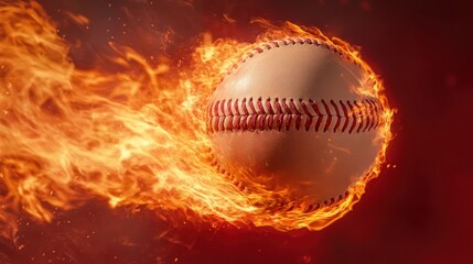 Fototapeta premium Flying baseball in flames on black background,Hot baseball ball in fires flame,Closeup Baseball player hitting ball with bat,home run,baseball field with grandstand,sport day,space for text.