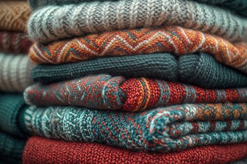 Cozy knit scarves in gray and red stacked outdoors on a chilly day