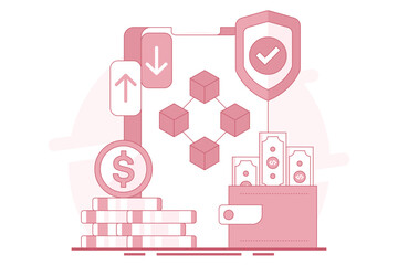 Concept of Mobile wallet or saving money online. online banking infographics, mobile bill payments, start-up business projects, online surveys, business planning. flat vector illustration.