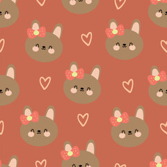 Seamless pattern with brown rabbits wearing cute cartoon ribbons, for fabric prints, textiles, colorful gift wrapping paper for children, flat style